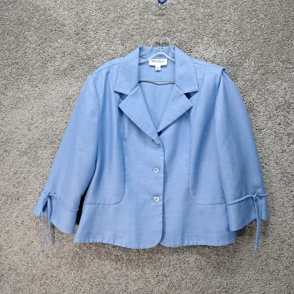 Studio I Womens Light Blue Textured 3 Button Blazer Tie Sleeve Jacket Size 16